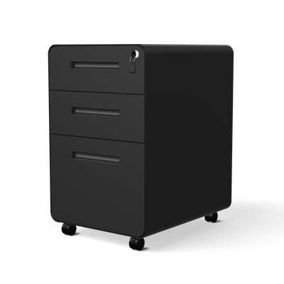 Caisson à roulettes DESKSPACE noir – Vue détourée avec 3 tiroirs et roulettes sur fond blanc
