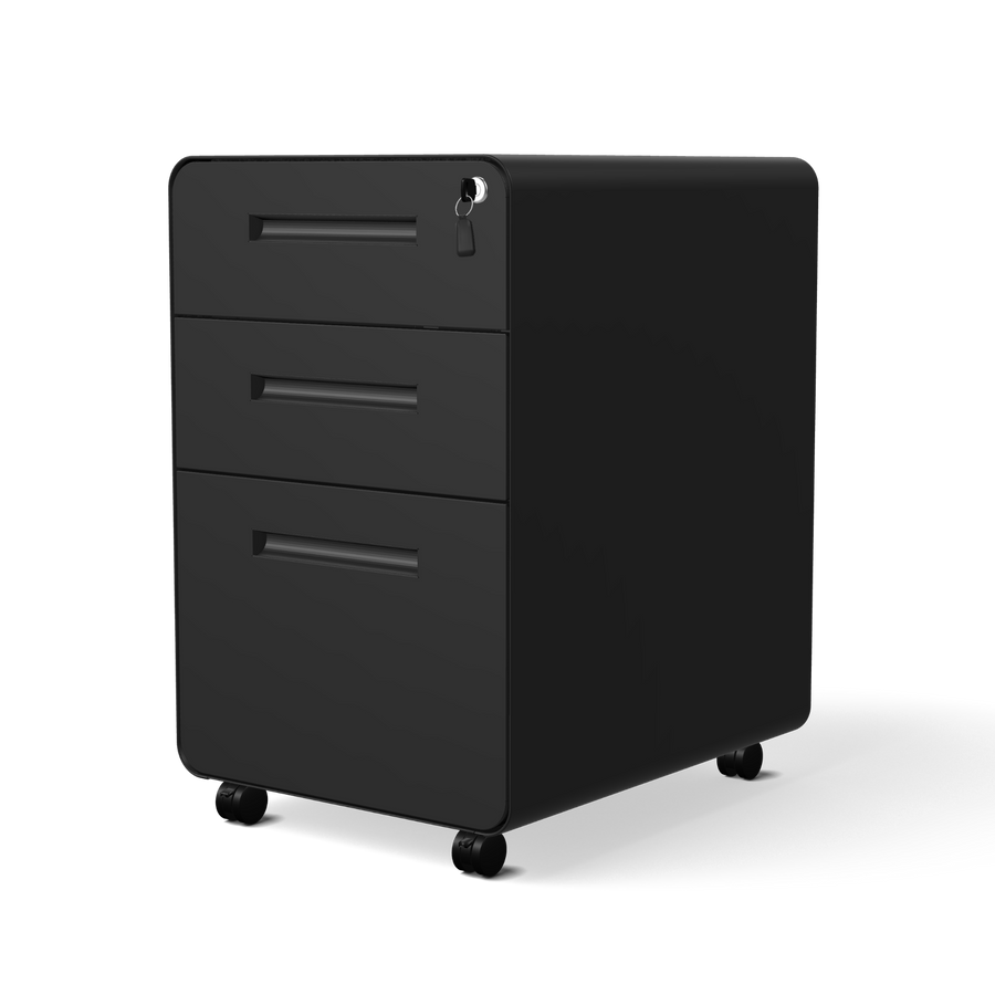 Rollcontainer DESKSPACE ROLLCONTAINER in Schwarz – Freisteller mit 3 Schubladen und Rollen vor weißem Hintergrund