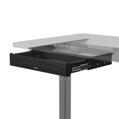 Tiroir sous bureau DESKSPACE noir – Photo principale, monté sous un plateau de bureau, détouré sur fond sombre