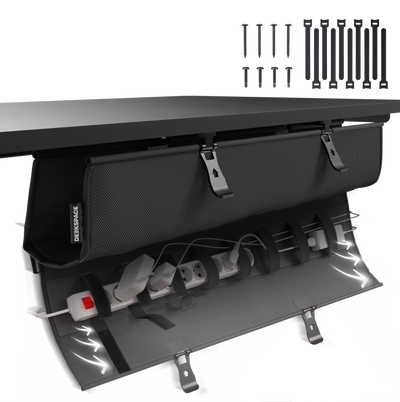 Goulotte passe-câbles sous bureau DESKSPACE WRAP noire avec attaches auto-agrippantes et cadre en acier, vue produit détourée