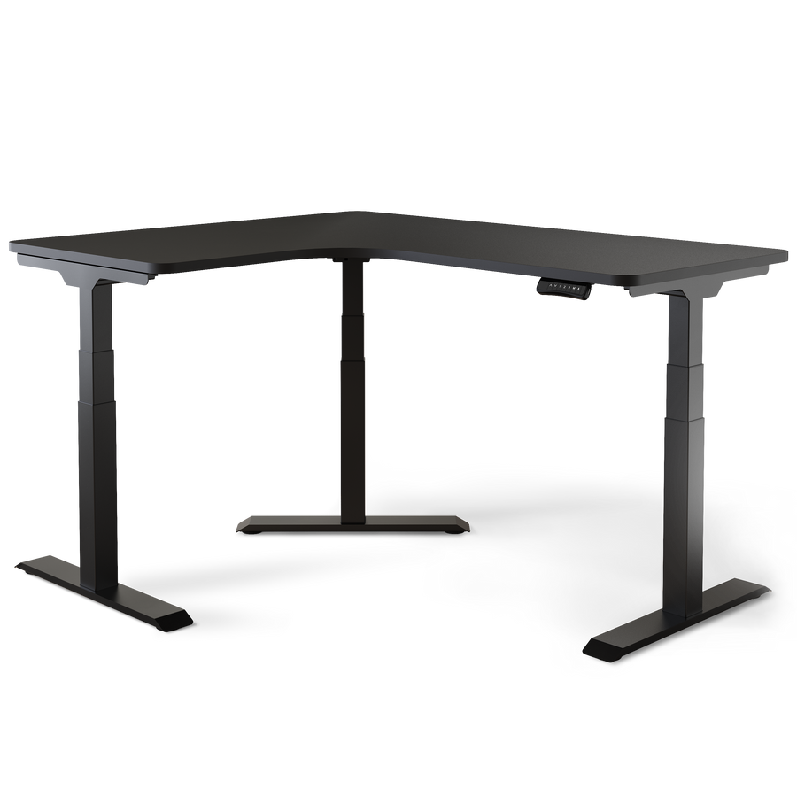 Ergonomischer Eck-Schreibtisch DESKSPACE CORNER mit Weißem Gestell und Schwarzer Tischplatte, L-förmig in der Frontalansicht freigestellt vor hellem Hintergrund